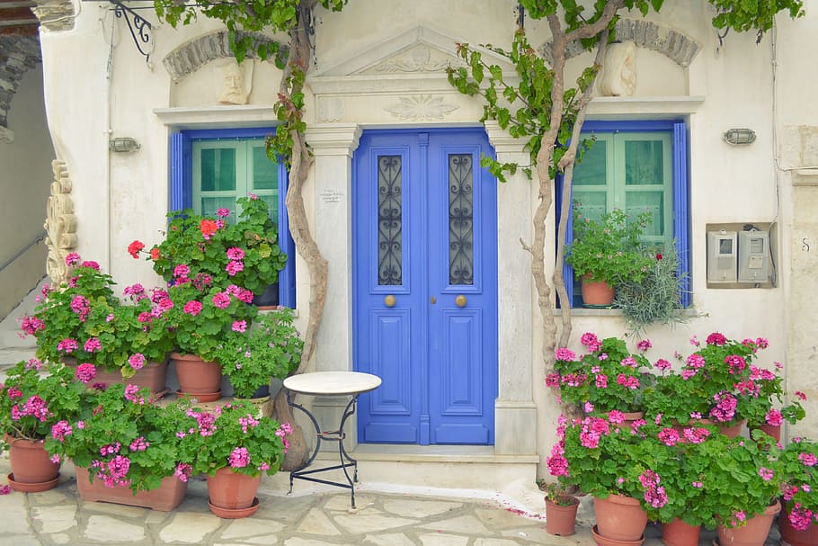 closed, blue, side-by-side, door, greek island door, tinos island pyrgos, dor with flowers, windows, traditional tiniotic house, house with flowers in front