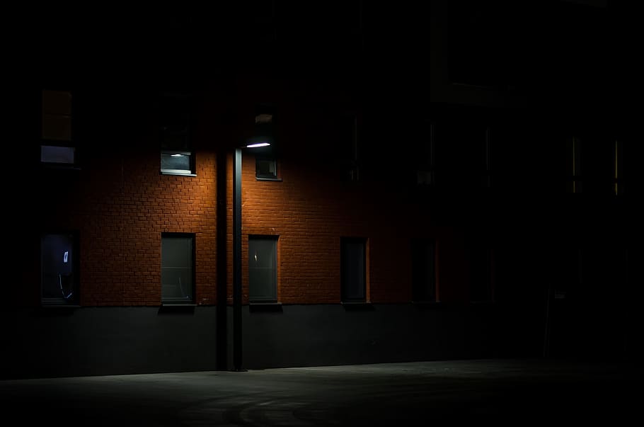post lamp, turned, dark, night, alley, street, lamp, post, architecture, building