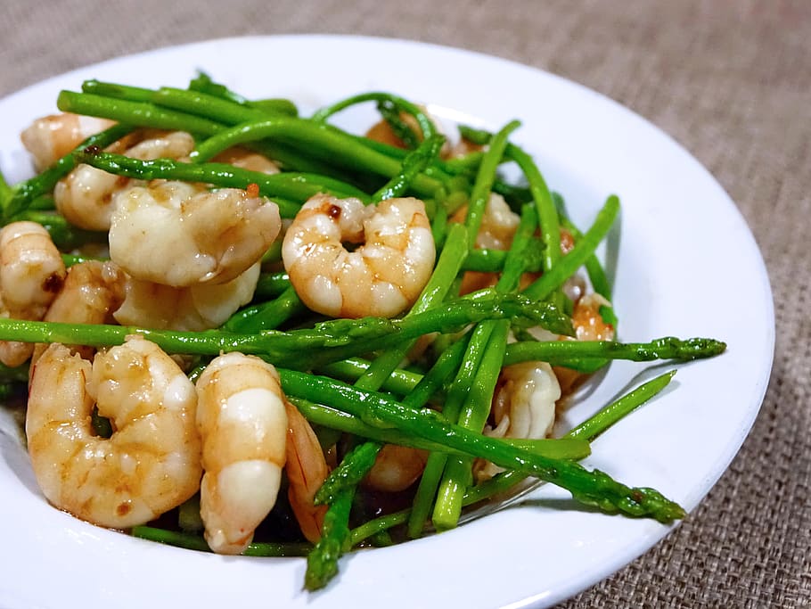 fried, asparagus, shrimps, vegetable, healthy, meal, green, prawns, cooking, food