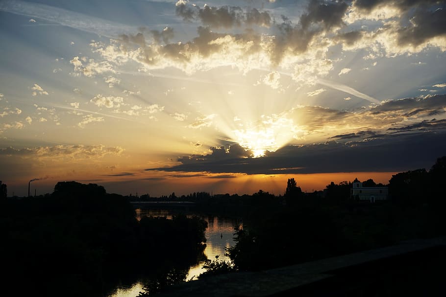 sunset, aschaffenburg, main, evening sky, horizon, afterglow, twilight, cloudiness, heaven mood, river