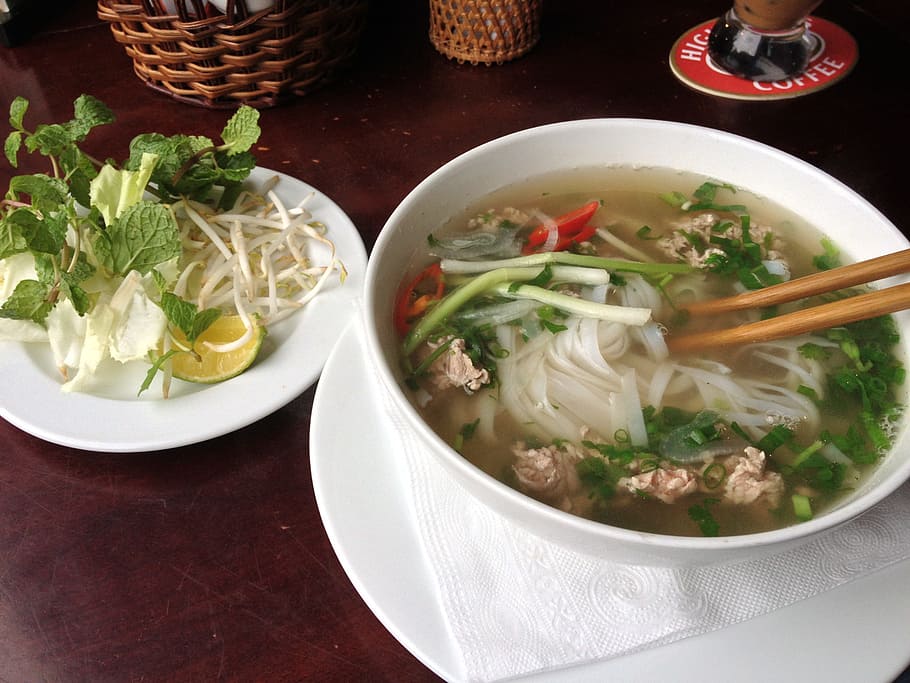 noodle soup dish, pho, vietnamese food, restaurant, tourism in vietnam, asia, vientiane, rice, oriental, chopstick