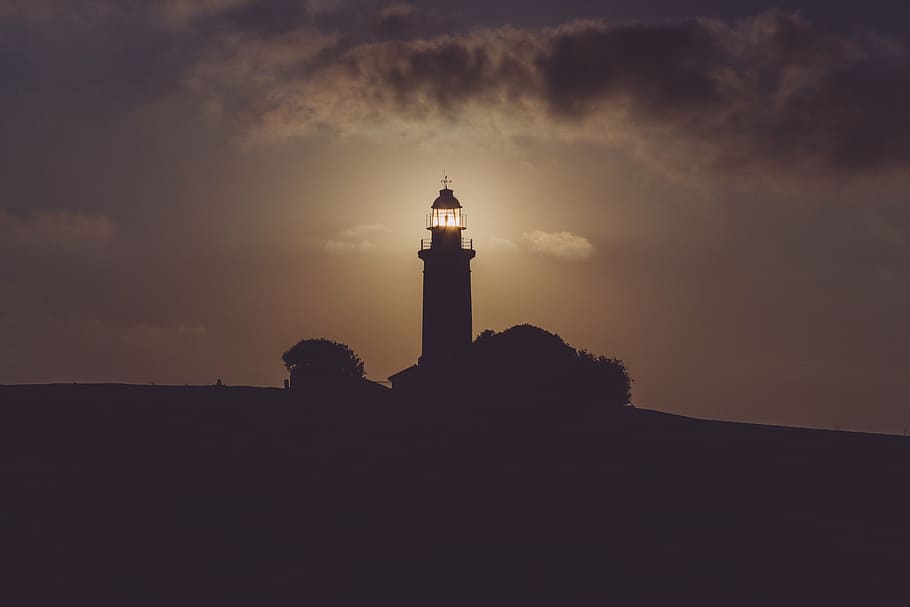 silhouette, lighthouse, golden, hour, tower, structure, infrastructure, clouds, sky, shadow
