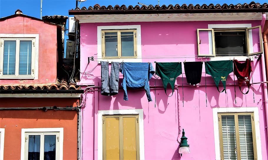 pink, painted, house, clothes, hanging, cable, venice, burano, italy, washing | Pxfuel