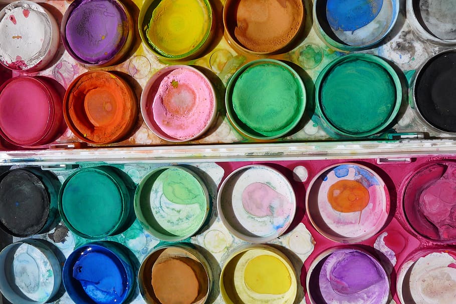 assorted paints, paint, art, paintbox, school kids, creative, artistic, colorful, craft, watercolor