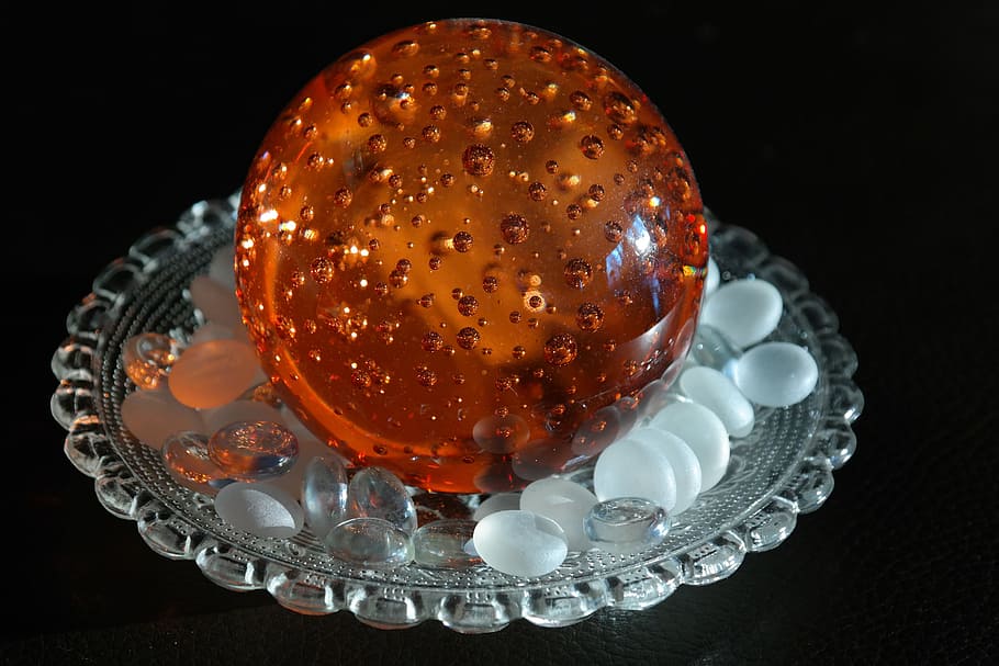 Paperweight, Crystal Ball, Colored, orange, decoration, glass, glass work, black Background, close-up, food and drink