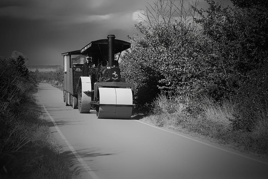 Road Roller, Workman, Trailer, workman's trailer, country lane, steam-driven, transportation, road, outdoors, day
