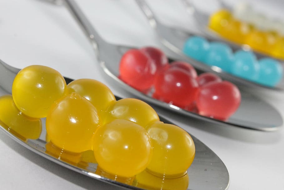stainless steel spoons, beads, pearls, molecular gastronomy, gastronomy, juice, color, healthcare And Medicine, medicine, capsule