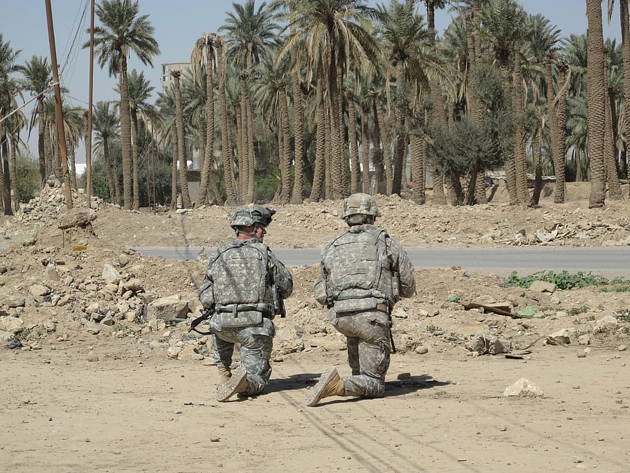 dois, soldado, ajoelhado, campo, palmeiras, soldados, iraque, camuflagem, militar, guerra