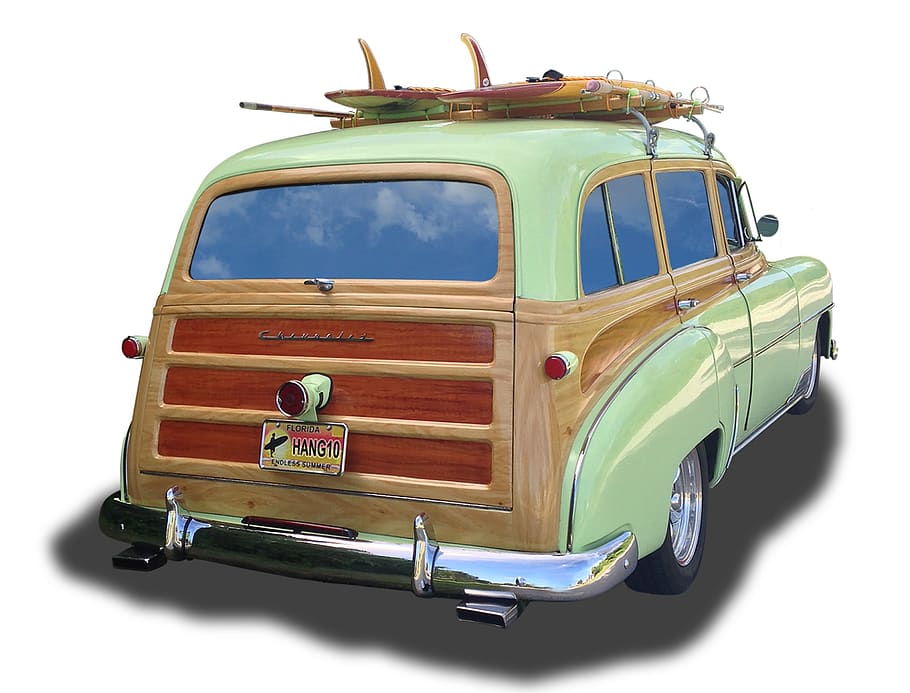 vintage car, fifties, retro, classic, transportation, surf boards, hang-10, chevrolet, chevy, vacation
