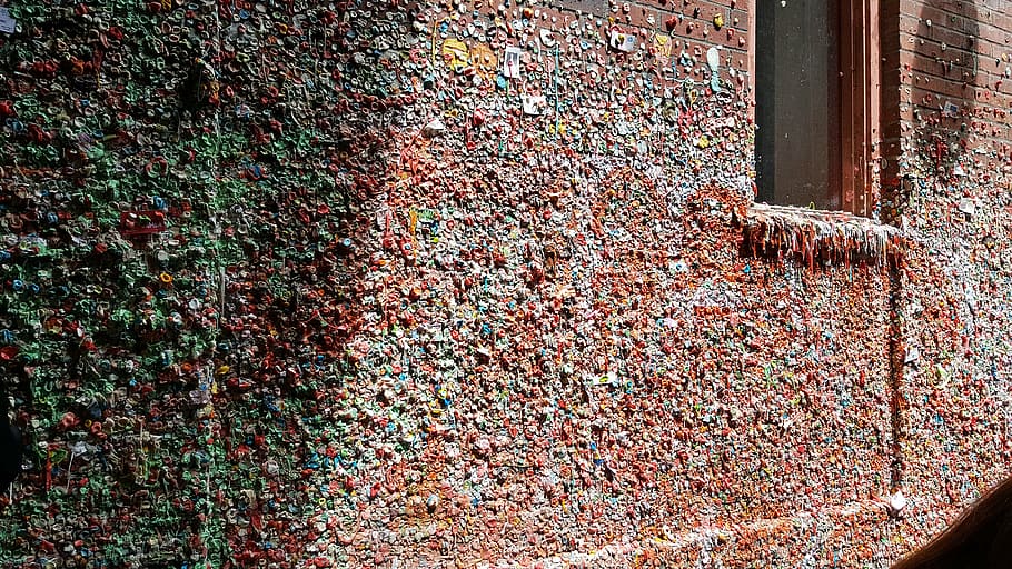 gumwall, chicle, pared, ladrillos, punto de referencia, turista, atracción, Seattle, Washington, Estados Unidos