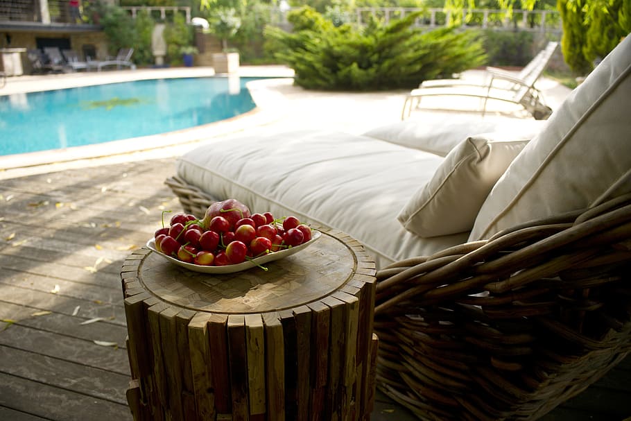 white, fabric side pool lounge, plate, fruits, daytime, fabric, pool, lounge, sunbeds, holiday