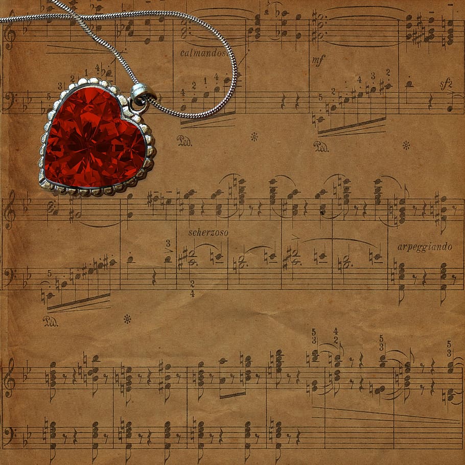 red heart pendant, paper, vintage, old, parchment, antique, page, dirty, art, music notes