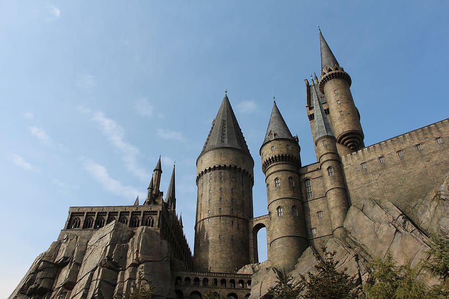 castle, sky, architecture, landscape, stone, harry potter, palace, play garden, universal studios japan, hogwarts