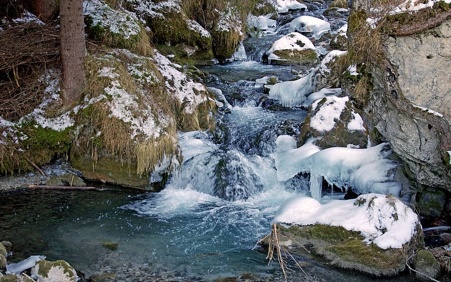 Arroyo, Invierno, Marmolada, Dolomitas, montaña, nieve, frío, agua, rugido, naturaleza