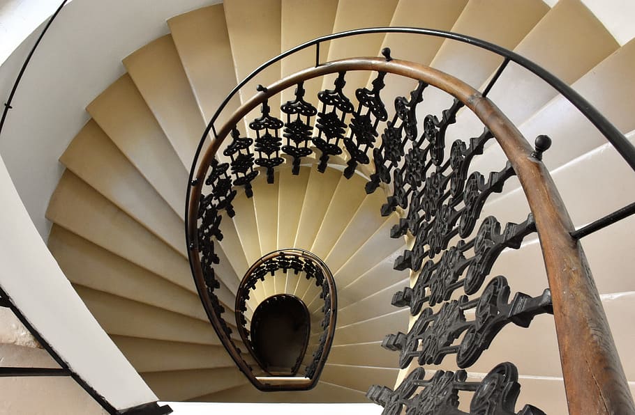 high-angle photography, spiral staircase, Staircase, Railing, Biedermeier, Spiral, architecture, stairs, emergence, perspective