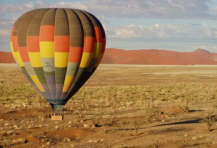 yellow, black, hot, air balloon, hot air balloon, namibia, fly, africa, colorful, transportation