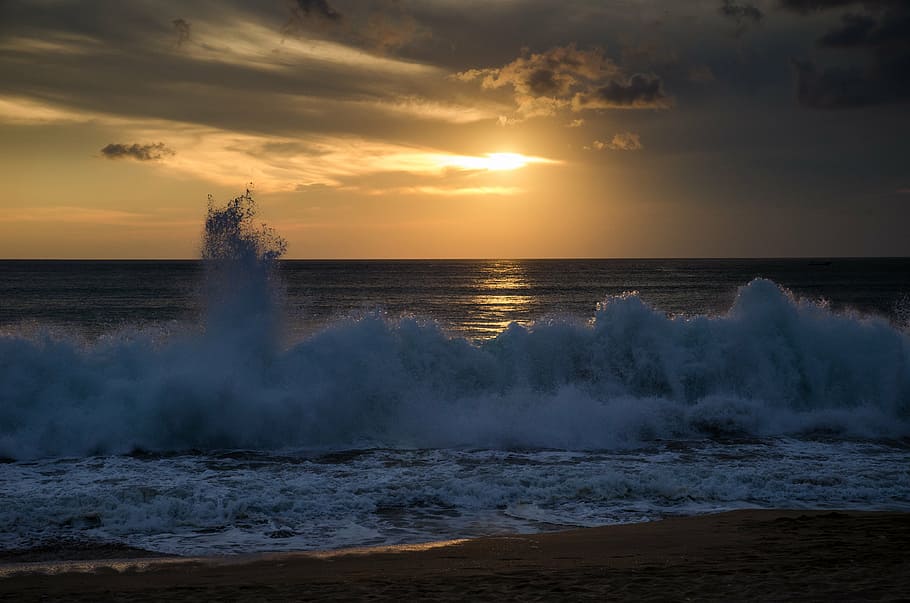 ola de playa, sol, mar, olas, blanco, nubes, puesta de sol, anochecer, playa, arena