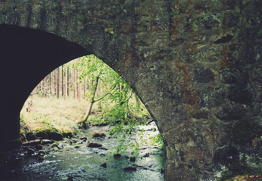 river, water, rock, wall, tunnel, drainage, trees, grass, nature, tree