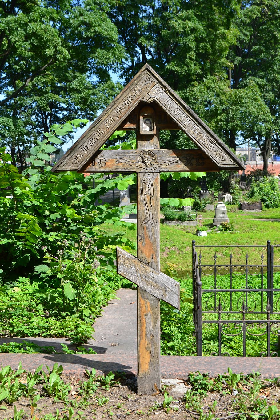 orthodox cross, cemetery, russian, cross, russia, st petersburg, monument, wooden cross, plant, tree