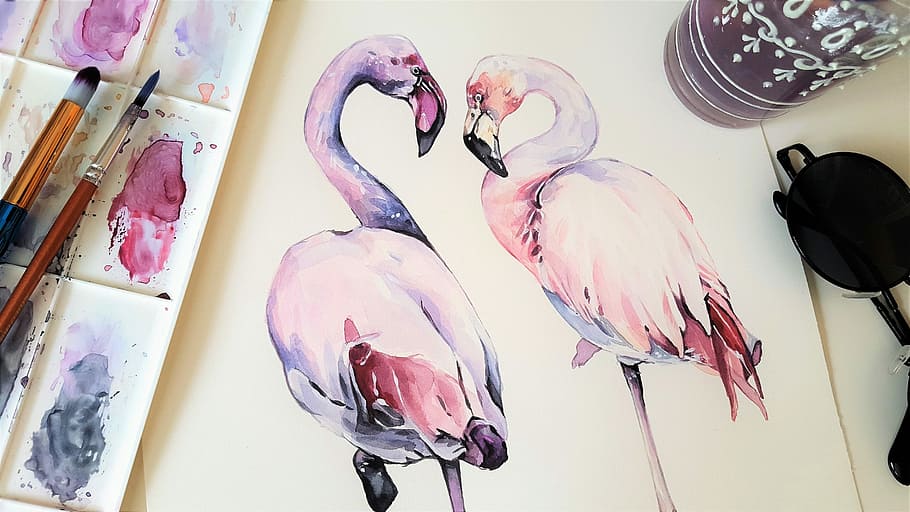 ungu, merah muda, lukisan flamingo, di samping, kuas cat, seni, lukisan, flamingo yang lebih besar, burung, hewan