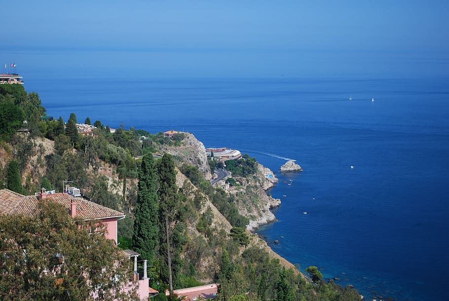 taormina, sicily, messina, more blues than you can count, resort, sea, coastline, summer, europe, cliff
