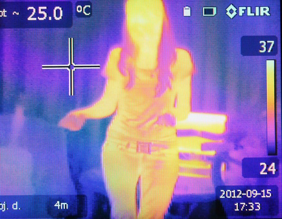 térmica, escáner, mostrando, mujer, calor, imagen, infrarrojo, termograma, termografía, editorial