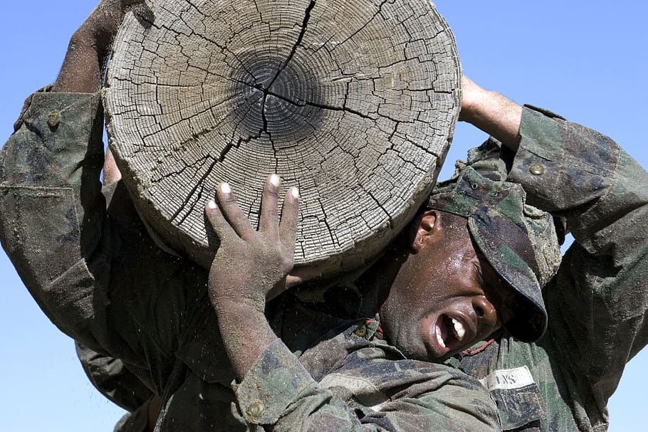 man, soldier uniform, carrying, wood slab, teamwork, training, log, exercise, fitness, cooperation