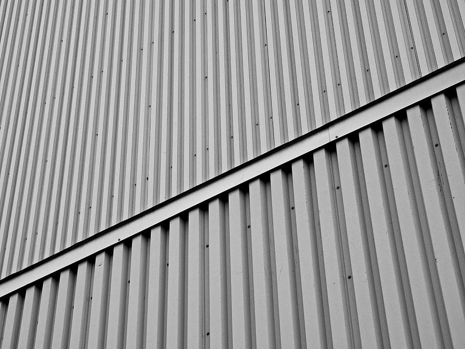 abstract, metal, exterior, wall, building, pattern, industrial, minimal, monochromatic, warehouse