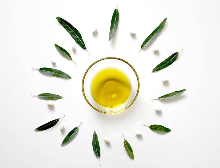 olive, oil, clear, glass cup, olive oil, olive leaf, plant, eat, food, mediterranean