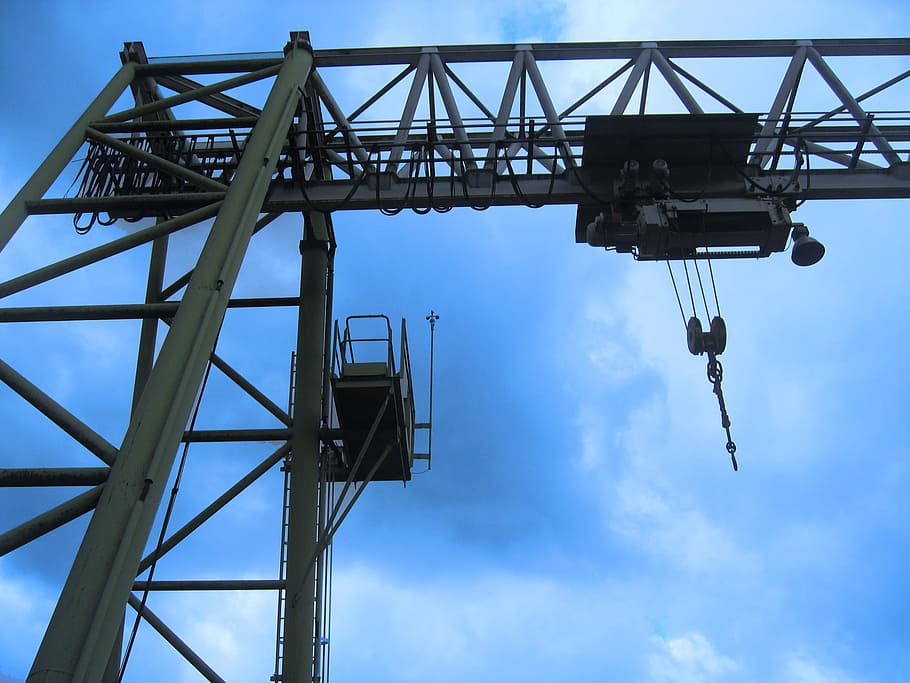 gray, tower crane, blue, sky, crane, lifting crane, construction, baukran, site, port