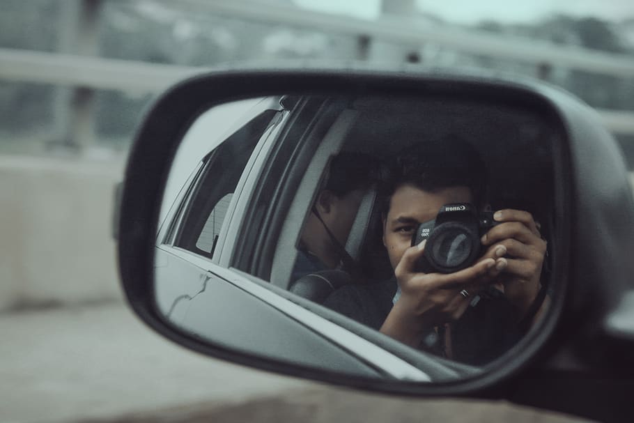 car, mirror, camera, travel, person, reflection, automobile, driving, camera - photographic equipment, photography themes