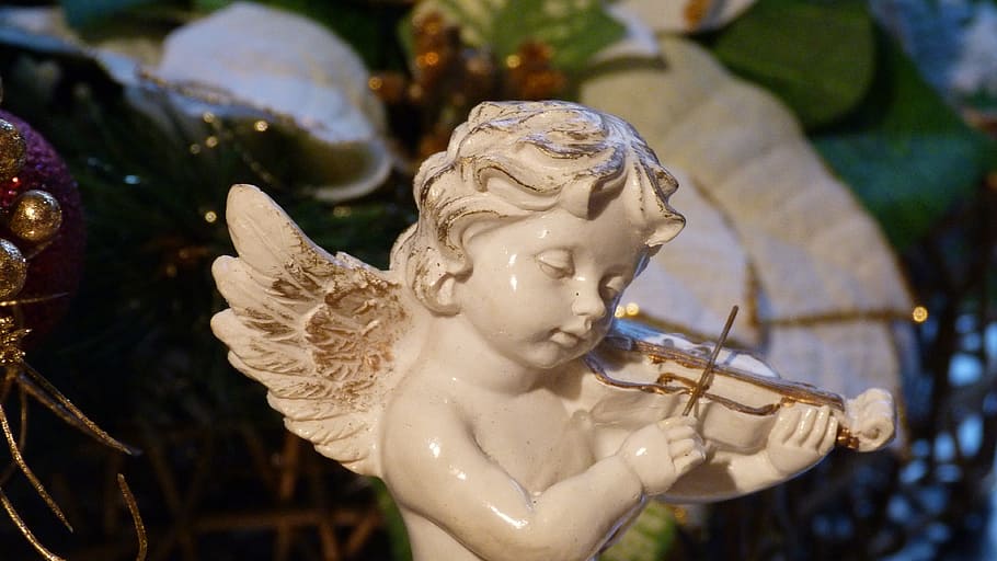 cherub, playing, violin figurine, angel, deco, christmas, sculpture, art and craft, statue, representation