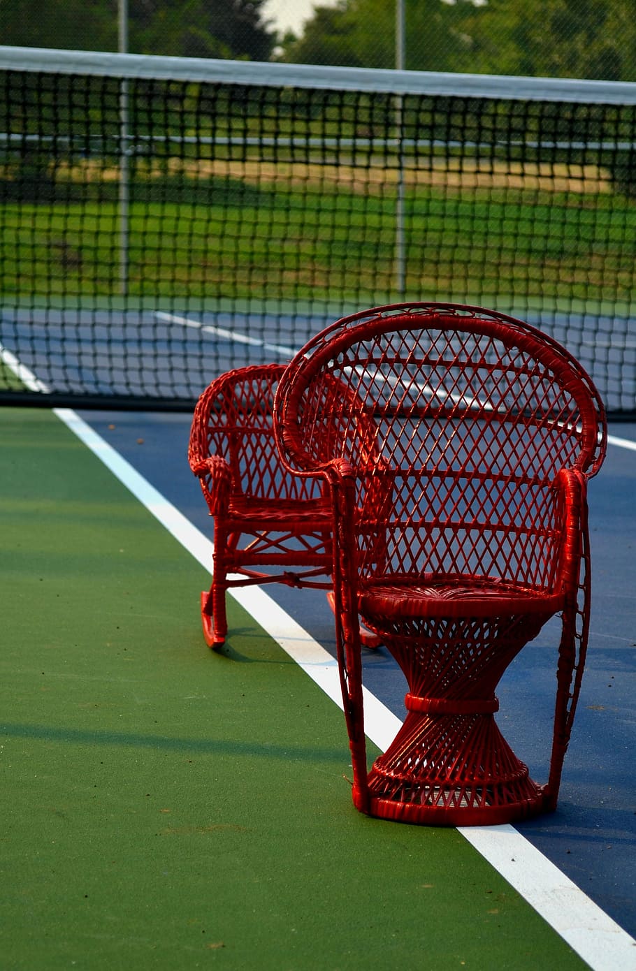 tennis, red, chair, court, match, sport, outdoors, racket, no People, net - sports equipment