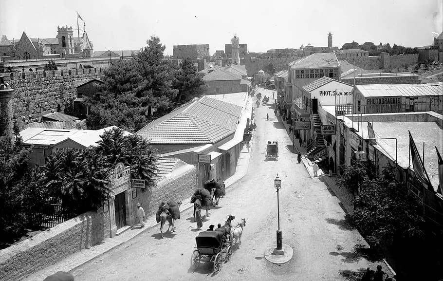 Abad ke-19, Jalan Jaffa, Yerusalem, Israel, foto, rumah, domain publik, jalan, vinage, hitam dan putih