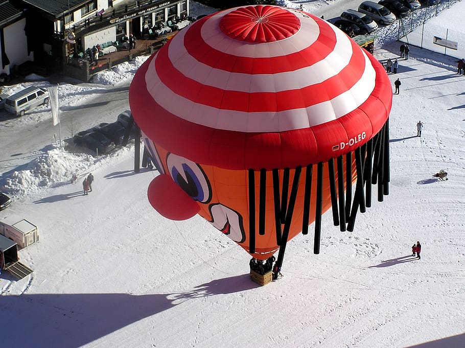 hot air balloon, clown, tannheim, snow, red, cold temperature, winter, day, nature, sunlight