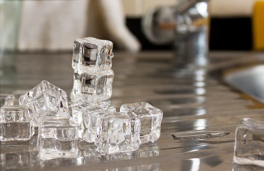 selective, focus photo, ice cubes, silver surface, ice, home, the drink, beverage, cold, summer