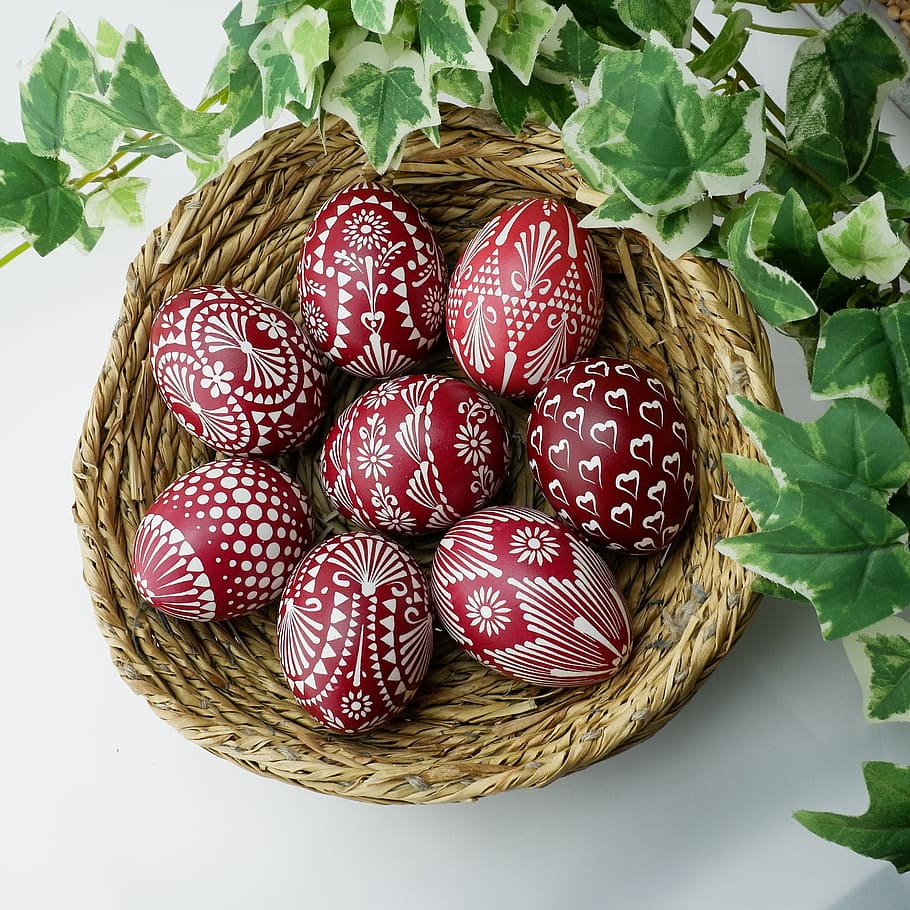 red-and-white, painted, eggs, basket, sorbian easter eggs, easter eggs, easter egg, easter decoration, wax technique, happy easter