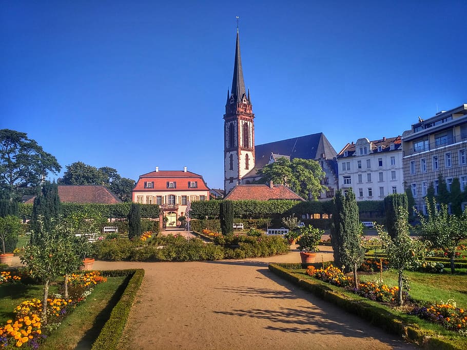 Darmstadt, Hesse, Alemania, prince georgs-garden, jardín, parque, iglesia, st elisabeth, árboles, flores