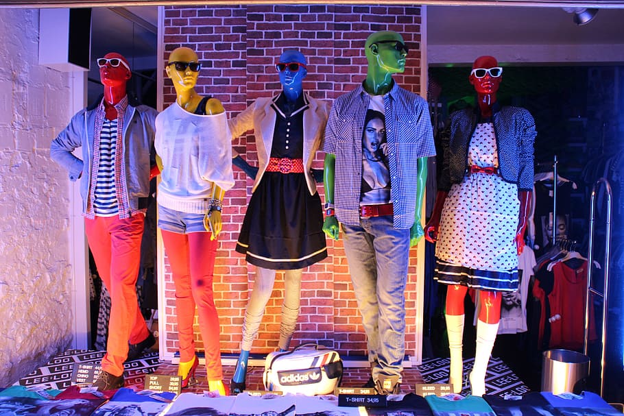 human, assorted, display clothes, window, group, color, clothing, fashion, group of people, human representation