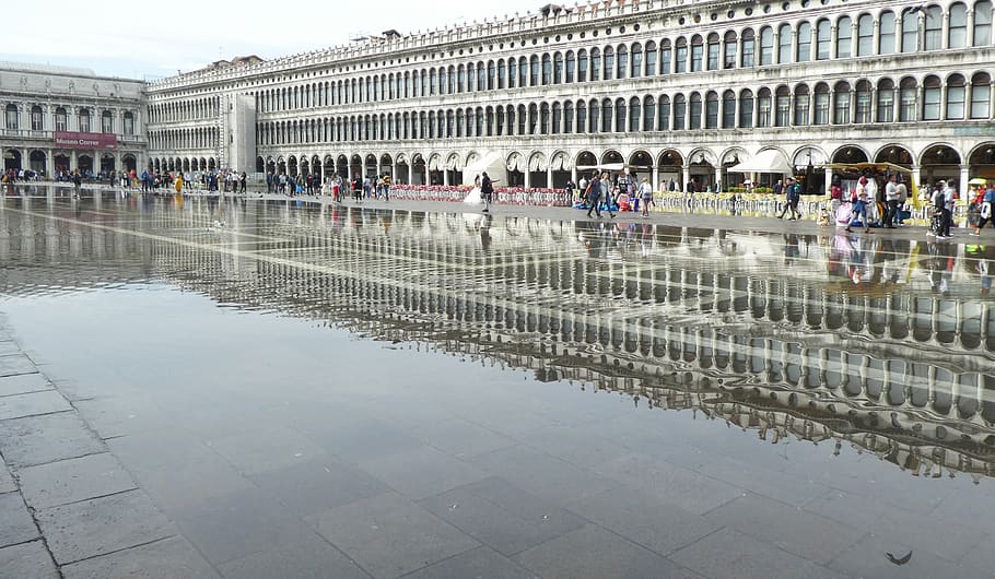 venice, piazza san marco, italy, flooded, tourism, tourists, travel, reflection, bride and groom, historically