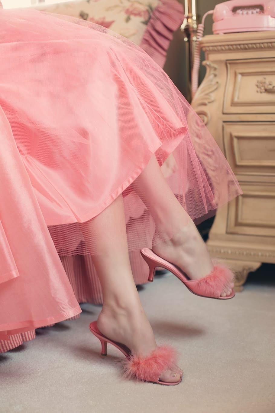 person, wearing, pink, tulle gown, fur heeled slide sandals, vintage, slippers, elegance, legs, one person