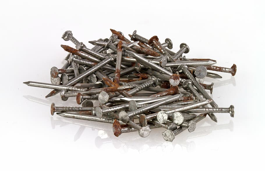 bunch, carpentry nails, nails, metal, iron, stainless, tabletop, wire, close, fixing