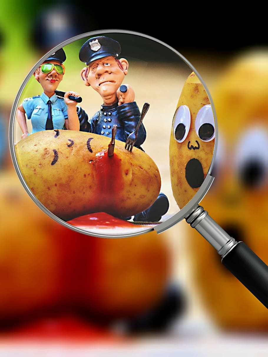 potatoes, murder, blood, police, search for clues, investigations, funny, fun, knife, kill
