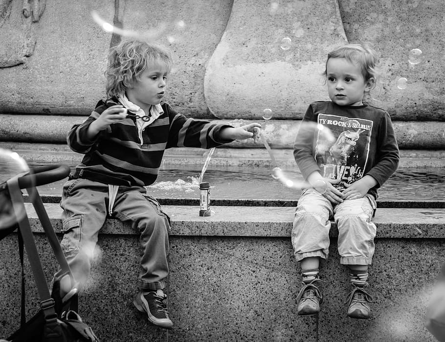 grayscale photo, two, children, sitting, fountain, grayscale, boy, baby girl, happiness, bubbles