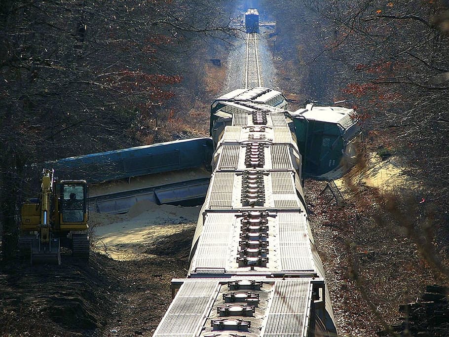gray steel train, train crash, accident, catastrophe, crash, victims, derail, jump the rails, railroad, destruction