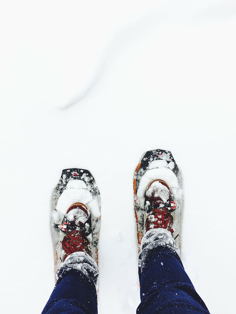 person, wearing, running, shoes, snow, covered, ground, winter, white, cold