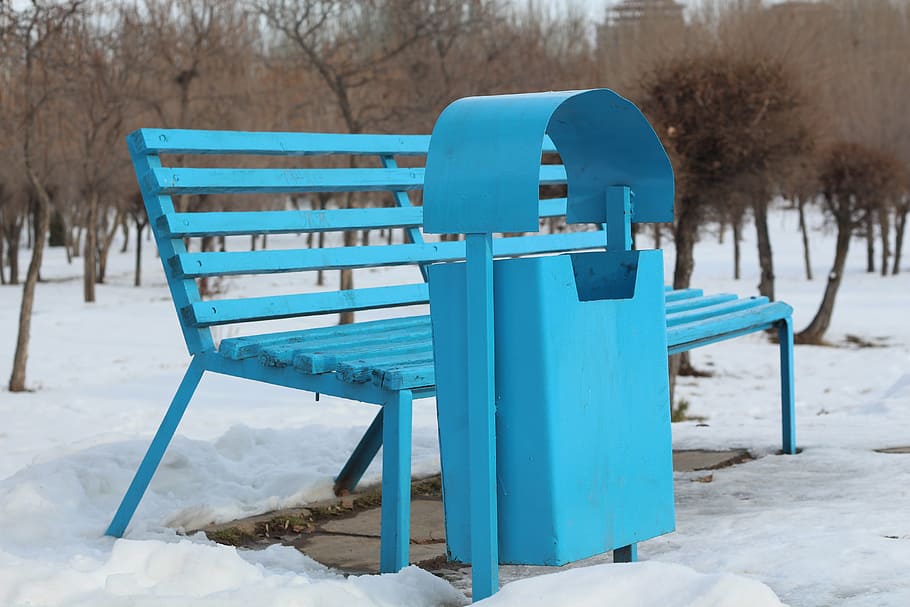 bench, trash, blue, container, outdoor, recycling, trashcan, metal, recycle, empty