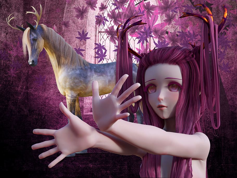 female, anime character, digital, wallpaper, fee, fantasy, horse, unicorn, antler, fairy tales