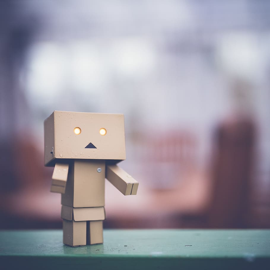 brown, cardboard danbo robot, green, surface, danbo, sad, art, box, cardboard, robot