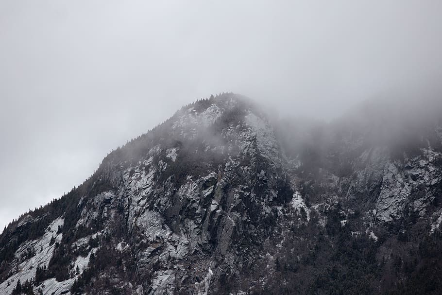 mountain, cliff, fog, nature, outdoors, rocks, clouds, environment, climate, adventure